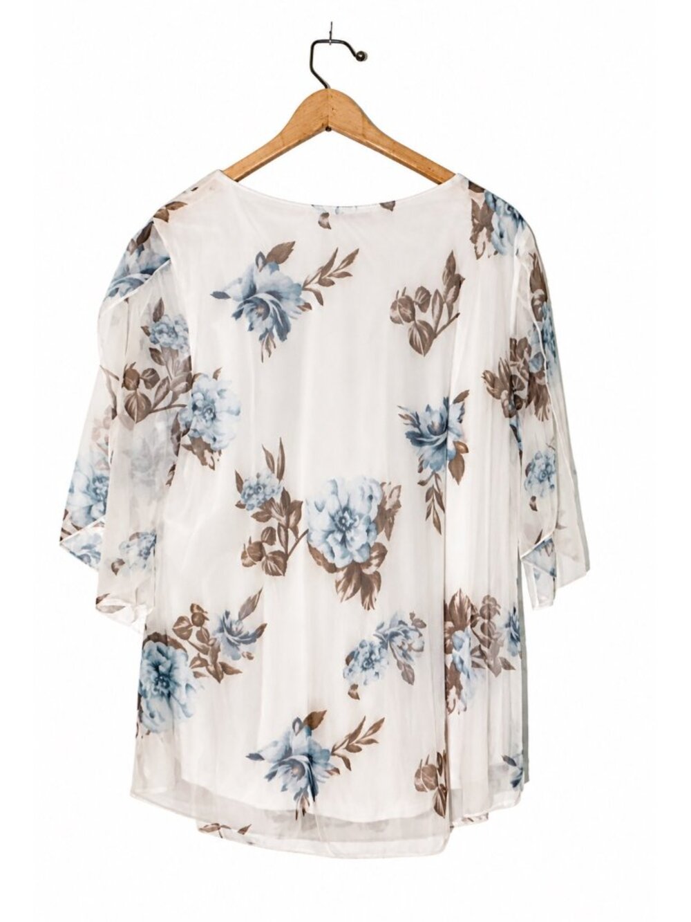 Floral-Print Sheer White Blouse With Blue & Brown Roses Flowing Sleeves Lightwei - Picture 2 of 2